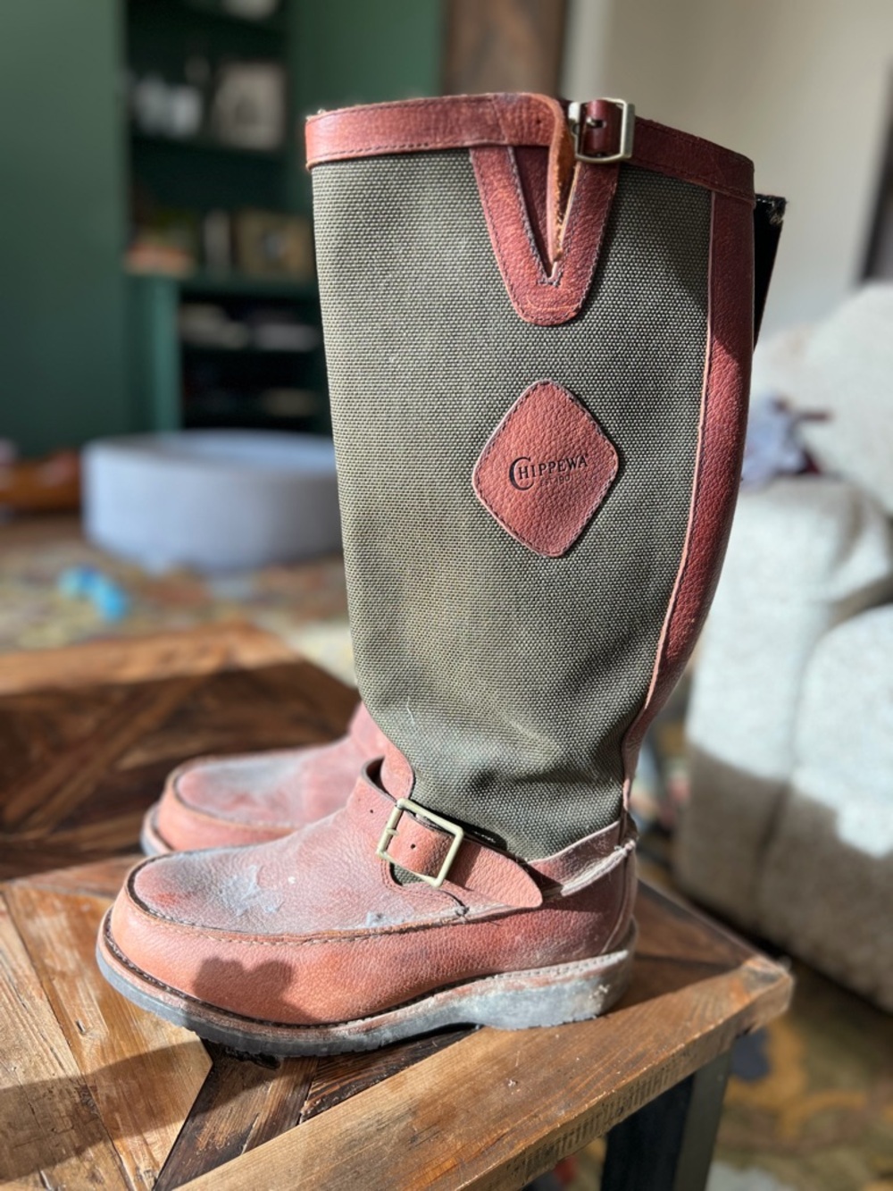 Chippewa Brown and Olive Leather-Canvas Snake Boots - 8.5EE